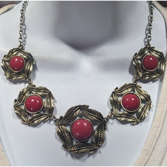Floral Red And Gold Medallion Link Statement Necklace - Picture 2 of 5